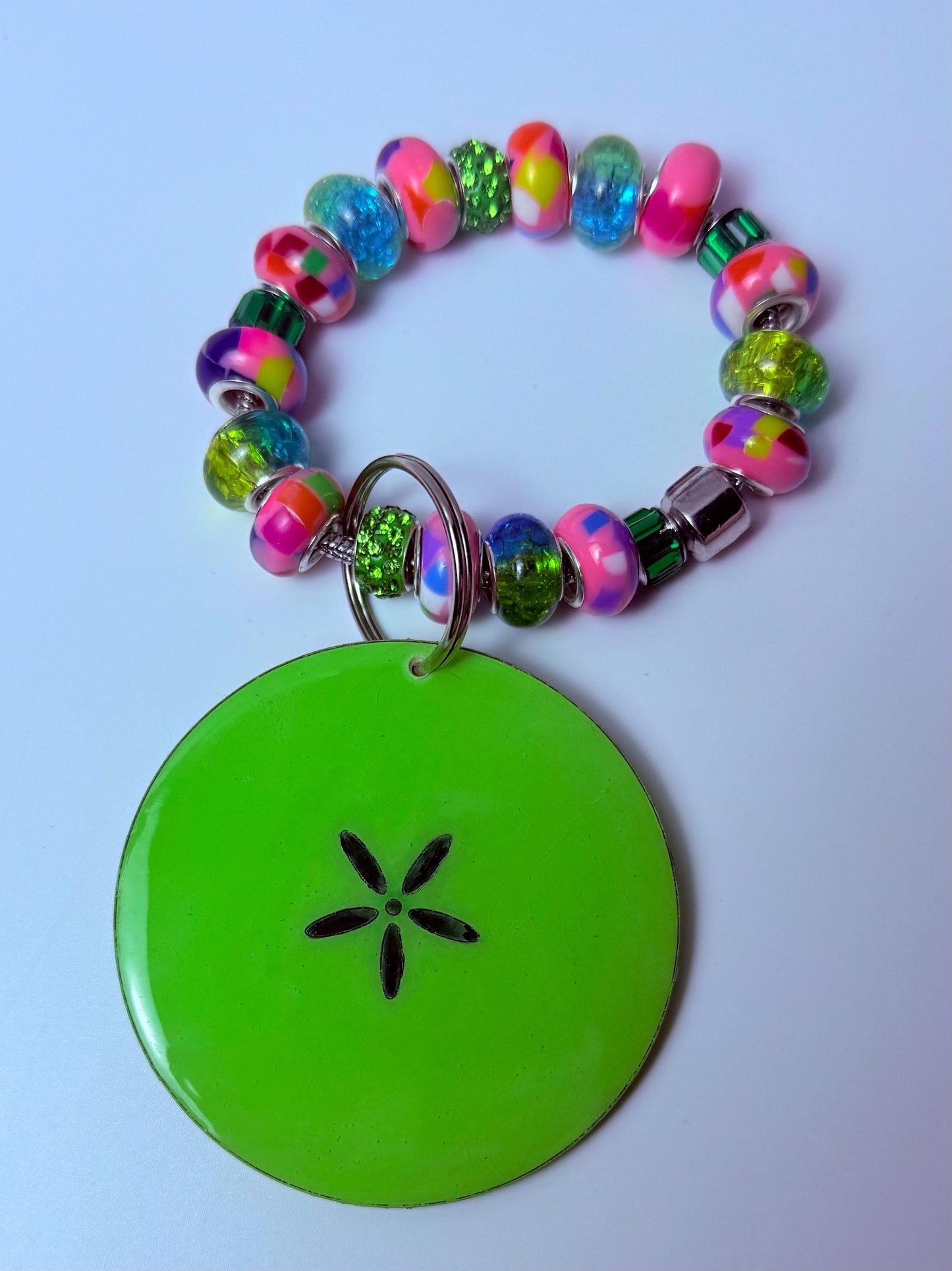 Neon Green Sand Dollar Keychain: Beaded Wood & Resin Beach Bag Charm