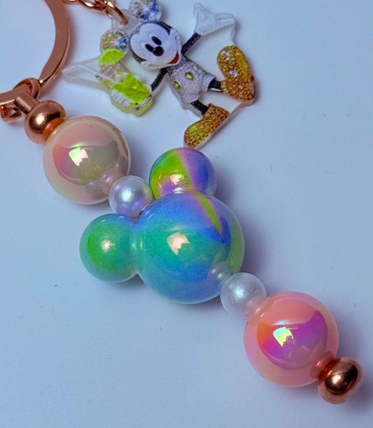 Rainbow Mickey Bag Charm: Iridescent Beaded Keychain with Rose Gold Clasp