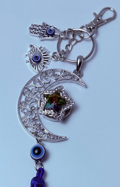Mond- & Böser-Blick-Taschenanhänger: Hamsa-Hand-Halbmond-Schlüsselanhänger