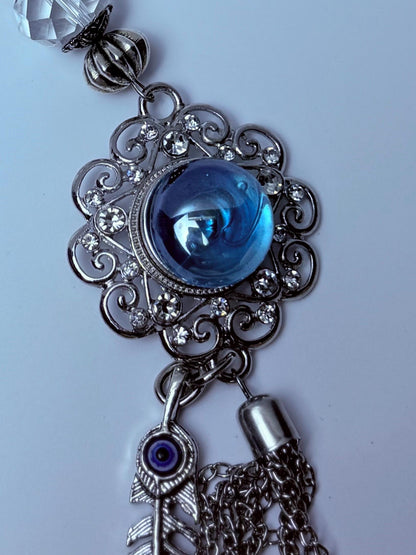 Blauer Edelstein Evil Eye Taschenanhänger: Boho Silberquaste, Feder & Kristall
