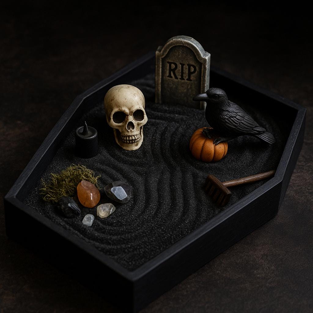 Mini Gotischer Zen Garten  Fledermaus, Rabe, Sarg, Sechseckige Tablett-Optionen  Hexenhafter Schreibtisch-Dekor, Dark Academia Stressabbau-Kit, HRM Edition