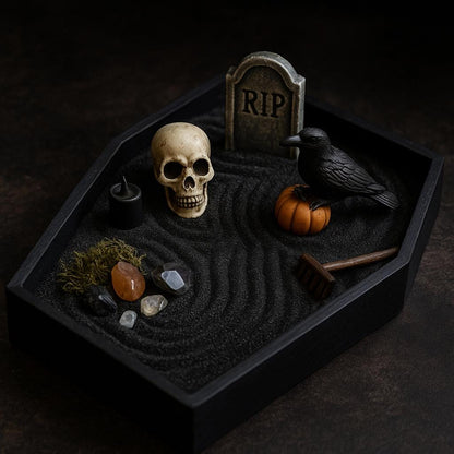 Mini Gotischer Zen Garten  Fledermaus, Rabe, Sarg, Sechseckige Tablett-Optionen  Hexenhafter Schreibtisch-Dekor, Dark Academia Stressabbau-Kit, HRM Edition