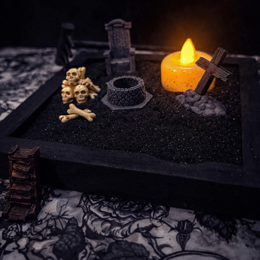 Mini Gotischer Zen Garten  Fledermaus, Rabe, Sarg, Sechseckige Tablett-Optionen  Hexenhafter Schreibtisch-Dekor, Dark Academia Stressabbau-Kit, HRM Edition