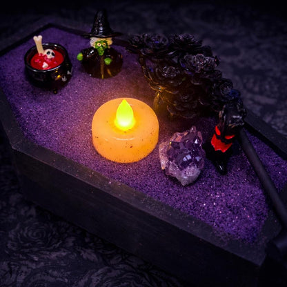 Mini Gotischer Zen Garten  Fledermaus, Rabe, Sarg, Sechseckige Tablett-Optionen  Hexenhafter Schreibtisch-Dekor, Dark Academia Stressabbau-Kit, HRM Edition
