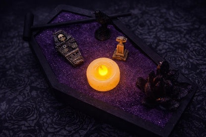 Mini Gotischer Zen Garten  Fledermaus, Rabe, Sarg, Sechseckige Tablett-Optionen  Hexenhafter Schreibtisch-Dekor, Dark Academia Stressabbau-Kit, HRM Edition